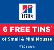 Buy 6 tins or ANY Hilll’s Canine bag, to get 6 tin